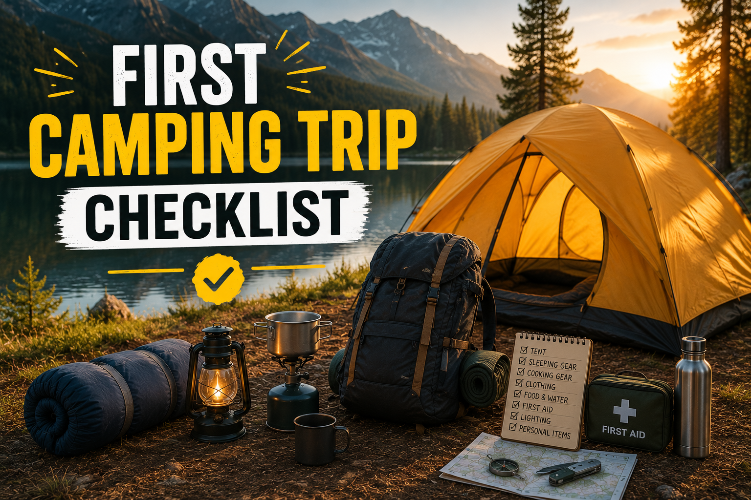 First camping trip checklist with essential camping gear